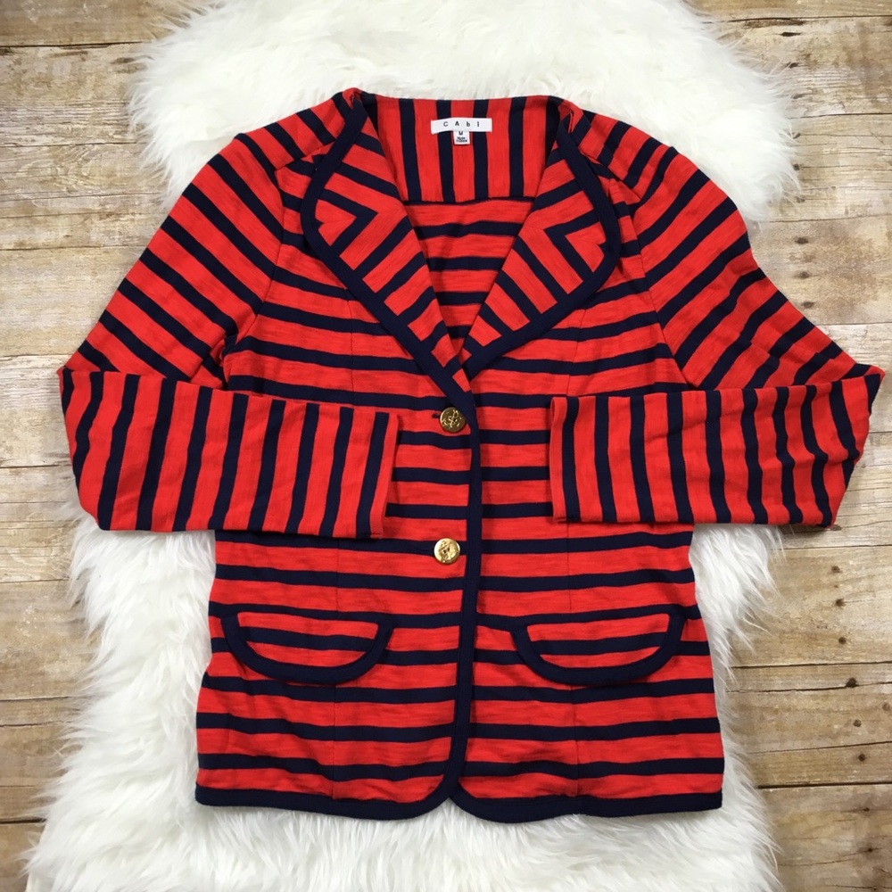 CAbi Red and Navy Striped Knit Blazer